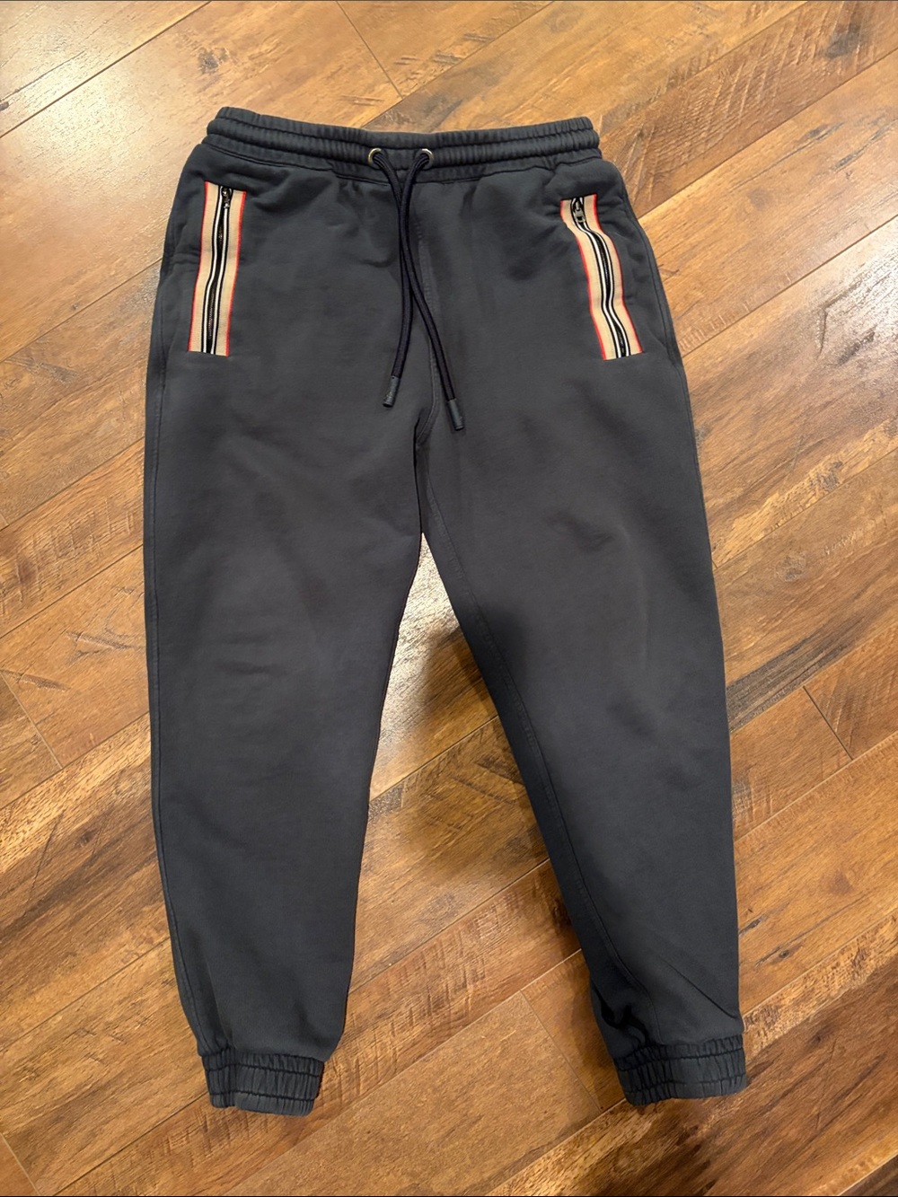 Men's Burberry Black Jogger Pants with Striped Pocket Trim Medium